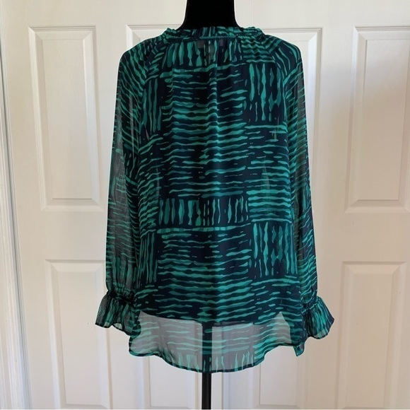 LOFT Green and Navy Sheer Long Sleeve Flowy Blouse - Picture 2 of 6